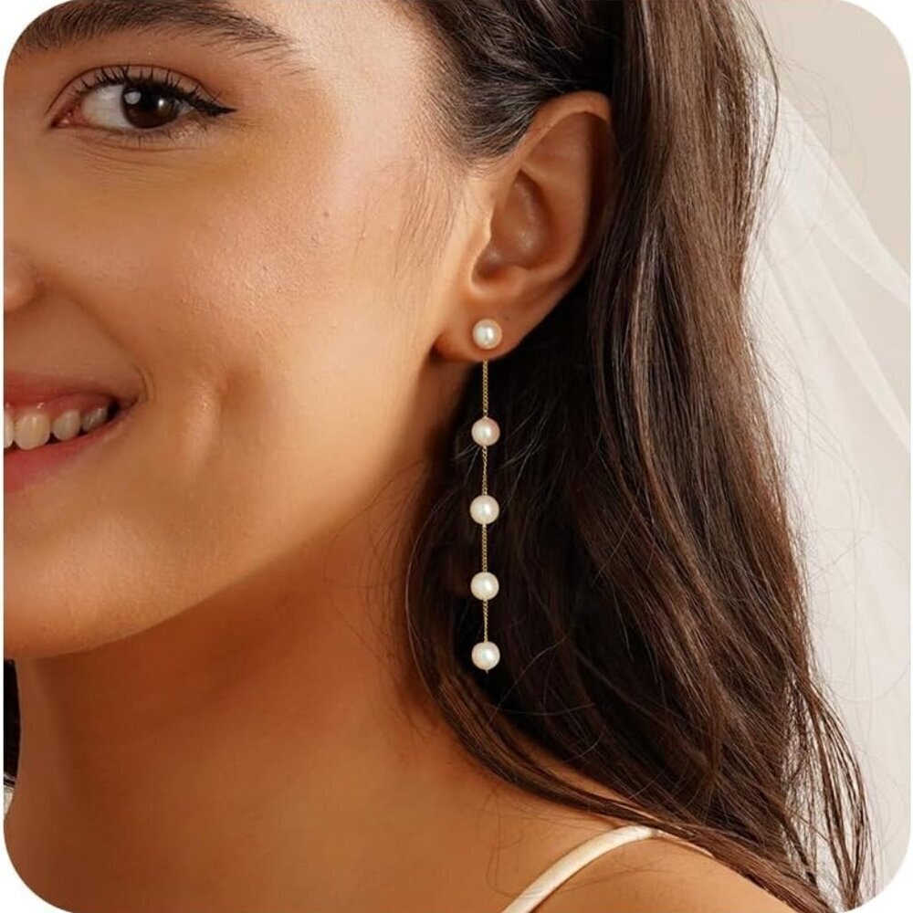 Pearl Earrings Brass 4mm 5mm 6mm Dangle Long Drop Bridal Wedding Jewelry